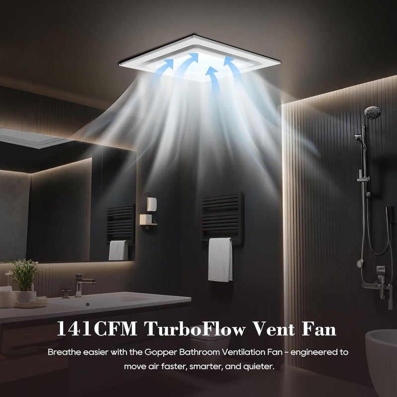 Gopher 12" Ultra Quiet Bathroom Exhaust Fan with 3000-6500 K LED Light, 1.0 Sone 141 CFM, 10x10 Mount, 1500 LM Ceiling Ventilation Fan, Energy Efficient - Image 2